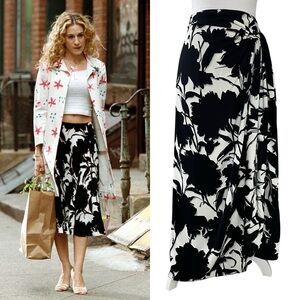 RARE Prada Floral Print Midi Long Flowy Wrap Around Tie Skirt Black White 42 6